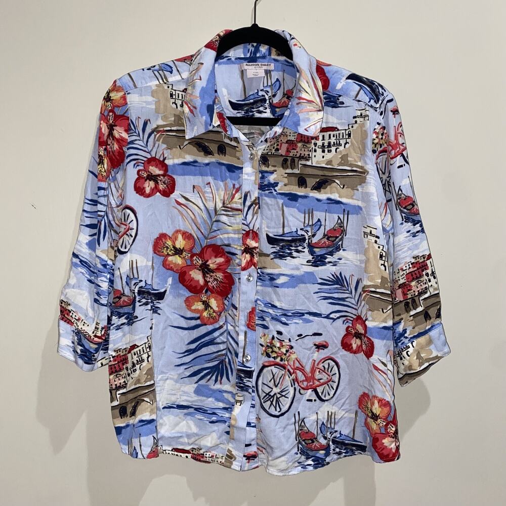 ALLISON DALEY BUNDLE Sz M Petite Bon Voyage x2 Blouse Shirt Travel Print Relaxed